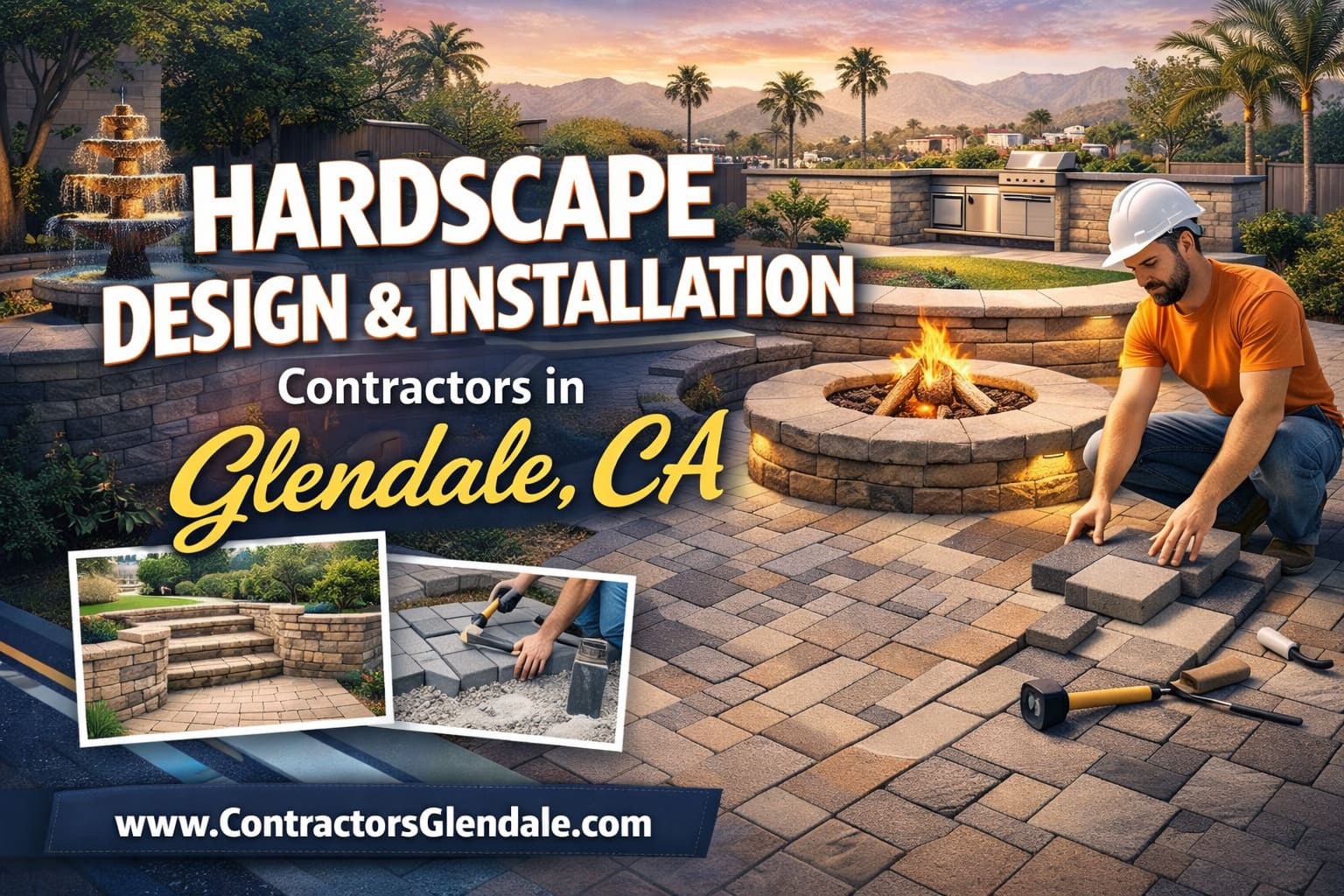 Beautiful hardscape patio installation with fire pit in Glendale CA backyard